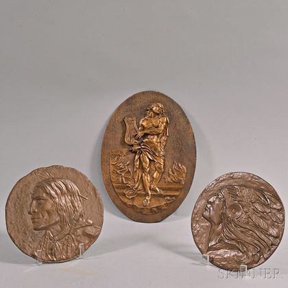 Two Bronzed Cast Metal Portrait Plaques of Native Americans and a Pressed Metal Plaque of a Classical Scene