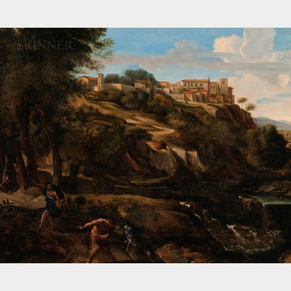 Manner of Nicolas Poussin (French, 1594-1665) Arcadian View with Foreground Figure of Pan and a Rearing Goat