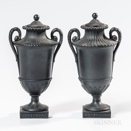 Pair of Wedgwood Black Basalt Vases and Covers
