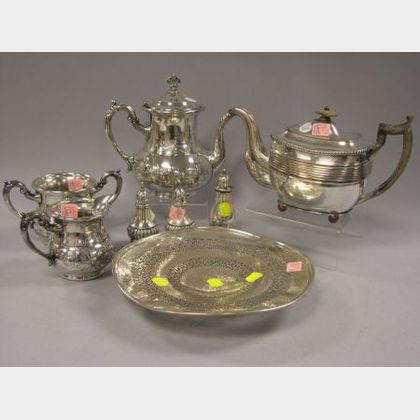 Three-Piece Late Victorian Silver Plated Tea Set, a Hammered Silver Plated Footed Tray, a Sheffield Teapot, and Three Sterling Shakers.