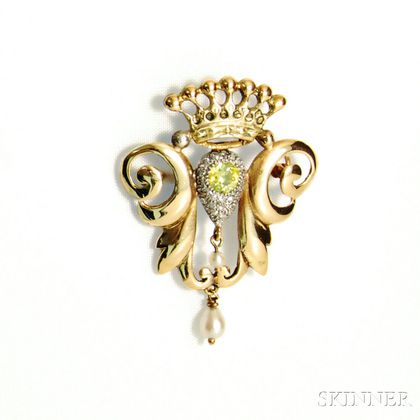 14kt Gold, Yellow Diamond, and Pearl Brooch