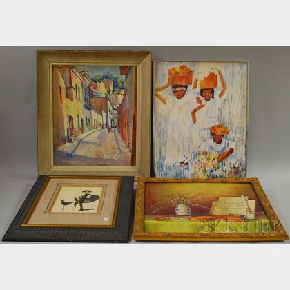 Four Assorted Framed Works: Charles Theadore Allenbrook (American, b. 1905),Village Street Scene