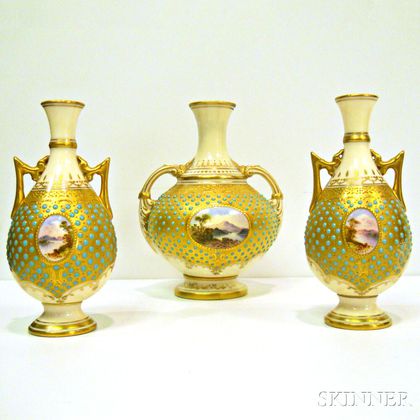 Three Jeweled Coalport Porcelain Bud Vases