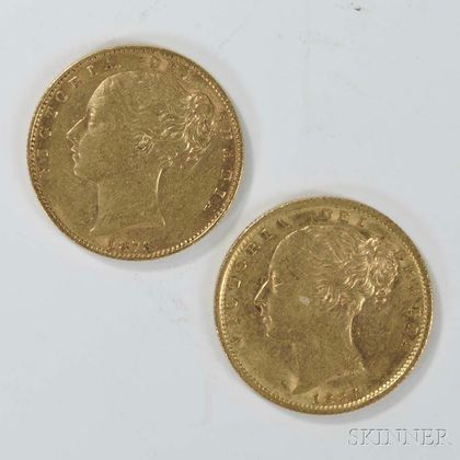 1873-S and 1887-S British Queen Victoria Gold Sovereigns. Estimate $400-600