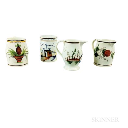 Three Staffordshire Polychrome Decorated Pearlware Creamers and a Mug
