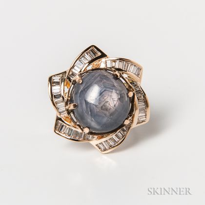 14kt Gold, Star Sapphire, and Diamond Cocktail Ring