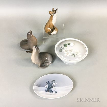 Three Royal Copenhagen Porcelain Animals, a Dish, and a Covered Bowl