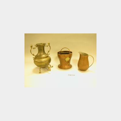 Eight Copper and Brass Trays, Pots, Urns, and Pitchers. 