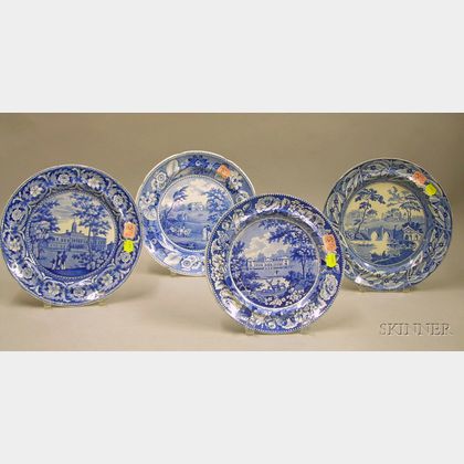 Four English Blue and White Transfer Decorated Staffordshire Plates