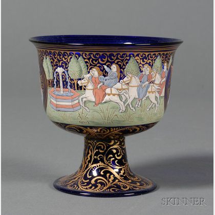 Venetian Enamel Decorated Cobalt Blue Glass Coupe after the "Barovier Wedding Cup,"