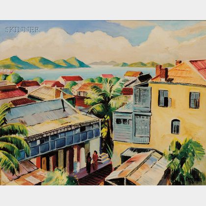 Christina Bauer (American, 1909-1996) Rooftops/A Nomean, New Caledonia, Landscape