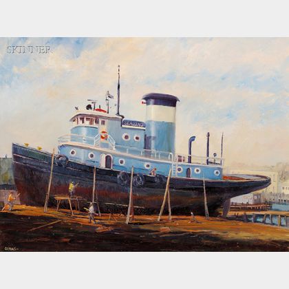 Lucian Arthur Geraci (American, 1923-2005) Tugboat Sea King, Marine Railways. East Gloucester