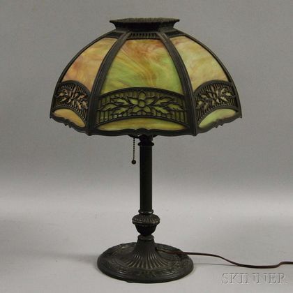 Miller Metal Overlay and Slag Glass Table Lamp