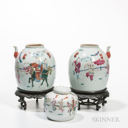 Pair of Enameled Water Pots and a Covered Jar