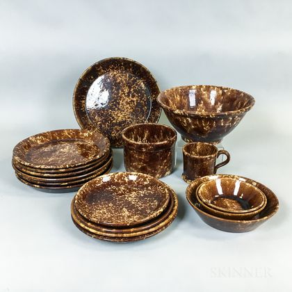 Seventeen Rockingham-glazed Pottery Tableware Items