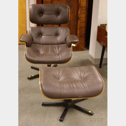 Eames-style Brown Leather Upholstered Laminated Wood Lounge Chair and Ottoman. 