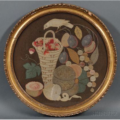 Embroidered Appliqued Wool Felt Still Life Picture with Fruit and Bird
