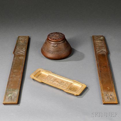 Tiffany Studios American Indian Pen Tray, Inkwell, and Blotter Ends 