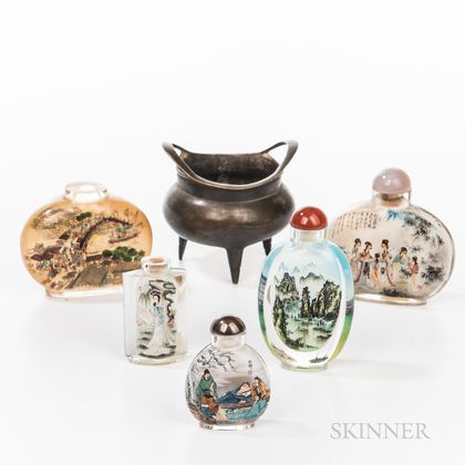 Five Chinese Glass Snuff Bottles and a Bronze Censer