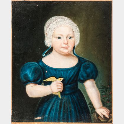 American School, 19th Century Portrait of a Girl in Blue Dress Holding a Canary