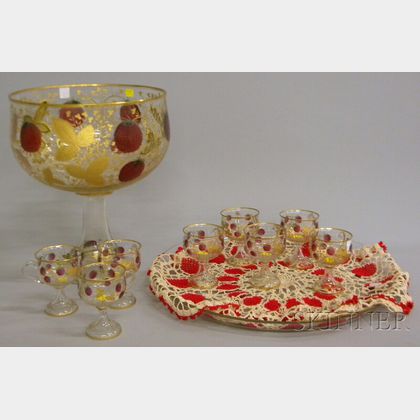 German Gilt and Stained Etched Colorless Glass Footed Punch Bowl with Undertray and Eight Footed Cups