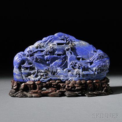 Carved Lapis Lazuli Mountain on Wood Stand