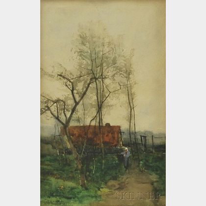 Henri Stacquet (Belgian, 1838-1906) Woman Walking On a Country Path