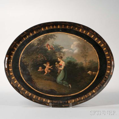 Painted Tole Tray Depicting a Maiden and Lamb