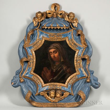 Italian School, 17th Century Style, Madonna in Prayer, in a Carved, Polychrome-decorated, and Gilded Double-sided Frame with Applied Sc
