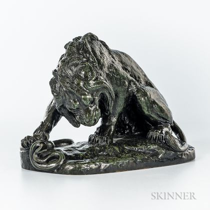 After Antoine-Louis Barye (French, 1795-1875) Bronze Model of a Lion and Snake