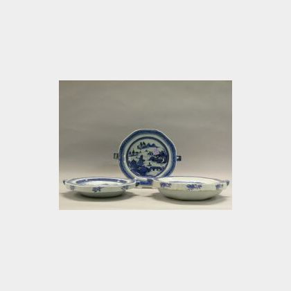 Three Canton Blue and White Octagonal Porcelain Warming Plates. 