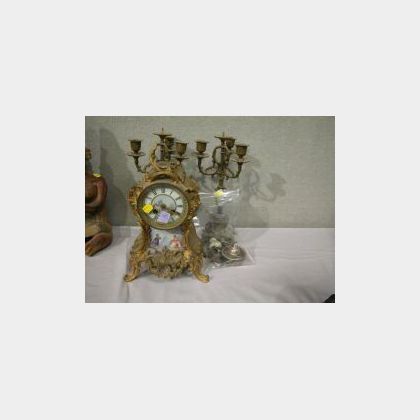 Three-Piece French Rococo-style Gilt-metal and Handpainted Porcelain Clock Garniture Set. 