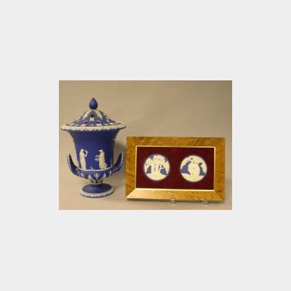 Wedgwood Dark Blue Jasper Dip Bough Pot with Reticulated Cover and a Framed Pair of Wedgwood Solid Dark Blue Jasper Adam and Eve Medall
