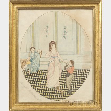 Nancy H. Fullerton, (American, early 19th Century) Portrait of a Man, Woman, Boy and Dog on a Checkered Floor.