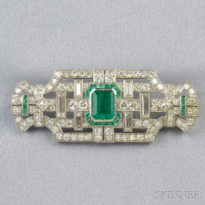 Art Deco Platinum, Emerald, and Diamond Brooch