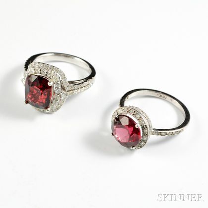 Two White Gold, Garnet, and Diamond Rings