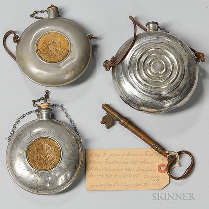 Two G.A.R. Canteen Flasks, a Small Bulls-eye Canteen Flask, and a Key to the Guard House at Fort McHenry