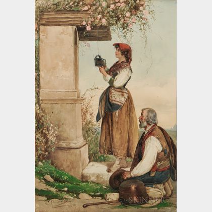 Carlo Polidori (Italian, 19th Century) Peasant Couple at a Shrine in the Italian Countryside