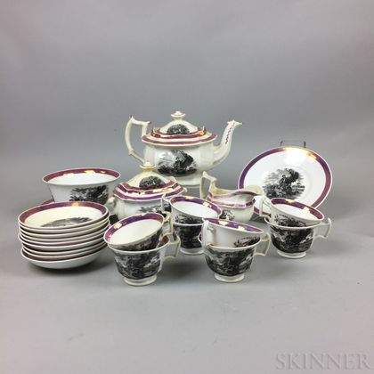 Twenty-three-piece Set of Pink Lustre and Transfer-decorated Teaware. Estimate $150-250