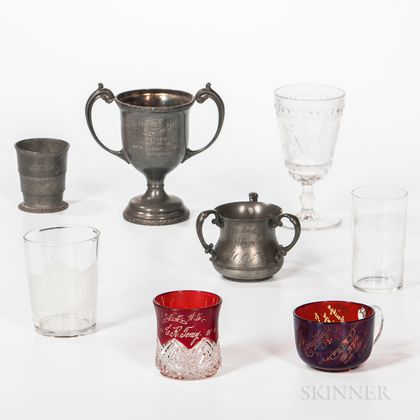 Three Pewter and Five Glass Odd Fellows Items