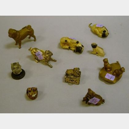 Group of Nine Metal Pug-related Articles and a Miniature Painted Ceramic Basket of Pugs Figural Group