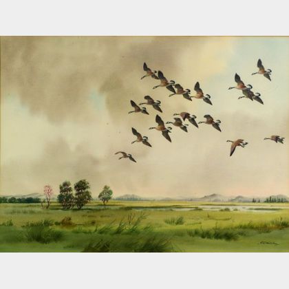 Robert W. Milliken (British, b. 1920) Canada Geese in Dropping Flight
