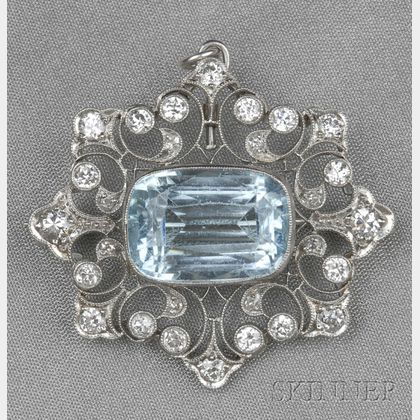Edwardian Platinum, Aquamarine, and Diamond Pendant/Brooch