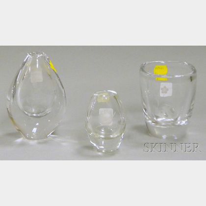 Two Orrefors Etched Colorless Crystal Art Glass Vases and a Small Danish Etched Crystal Art Glass Vase