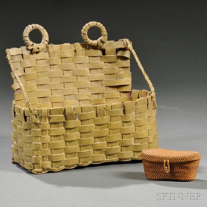 Miniature Woven Splint Covered Basket and a Mustard-painted Wall Basket
