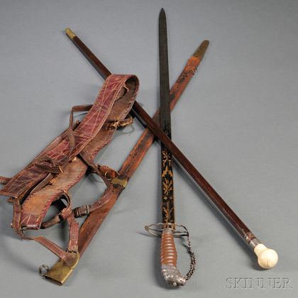 Lion Head-pommel Silver-hilt Sword, Scabbard, Belt, and Cane
