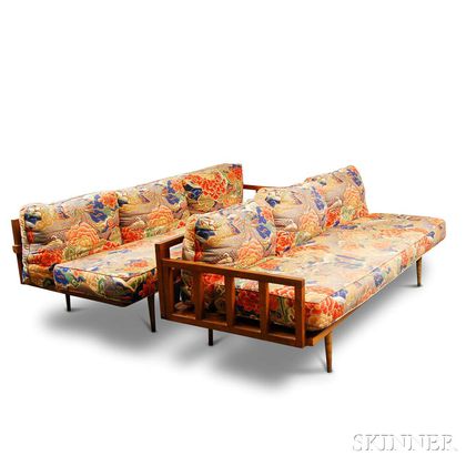 Two Mid-century Modern Upholstered Wood Sofas