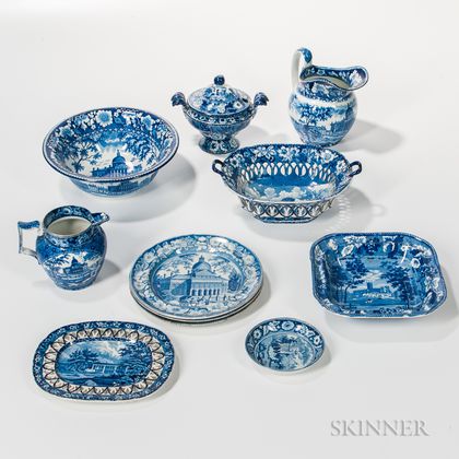 Eleven Staffordshire Blue and White Transfer-decorated Table Items