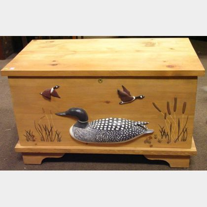 Carved and Painted Goose and Duck Decorated Pine Trunk. 