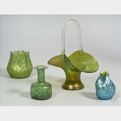 Three Loetz Art Glass Vases and a Basket